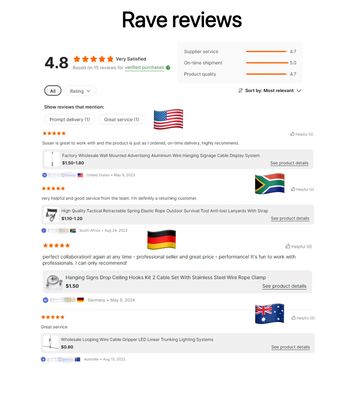 Conjuntos de bucle de cable de acero inoxidable con gancho para sistemas de alambre colgante